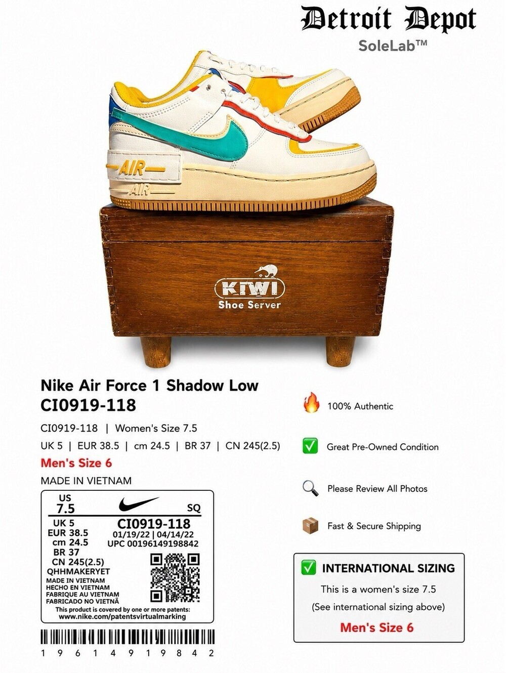 Nike Air Force 1 Shadow Low DH7820-700 Women’s 7.5 Multi Color Sail Teal